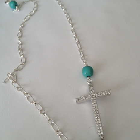 Sterling silver side cross necklace with turquoise beads